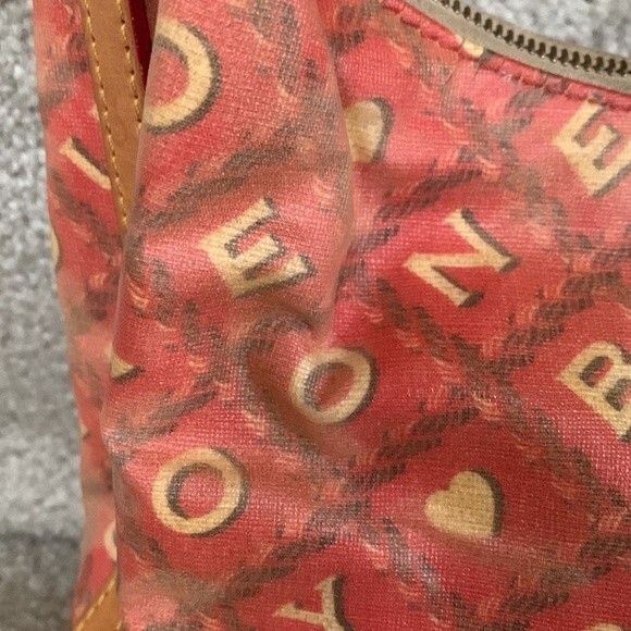 Dooney & Bourke Red Tan Coated Fabric Tan Leather Signature Print Shoulder Bag - Picture 7 of 15